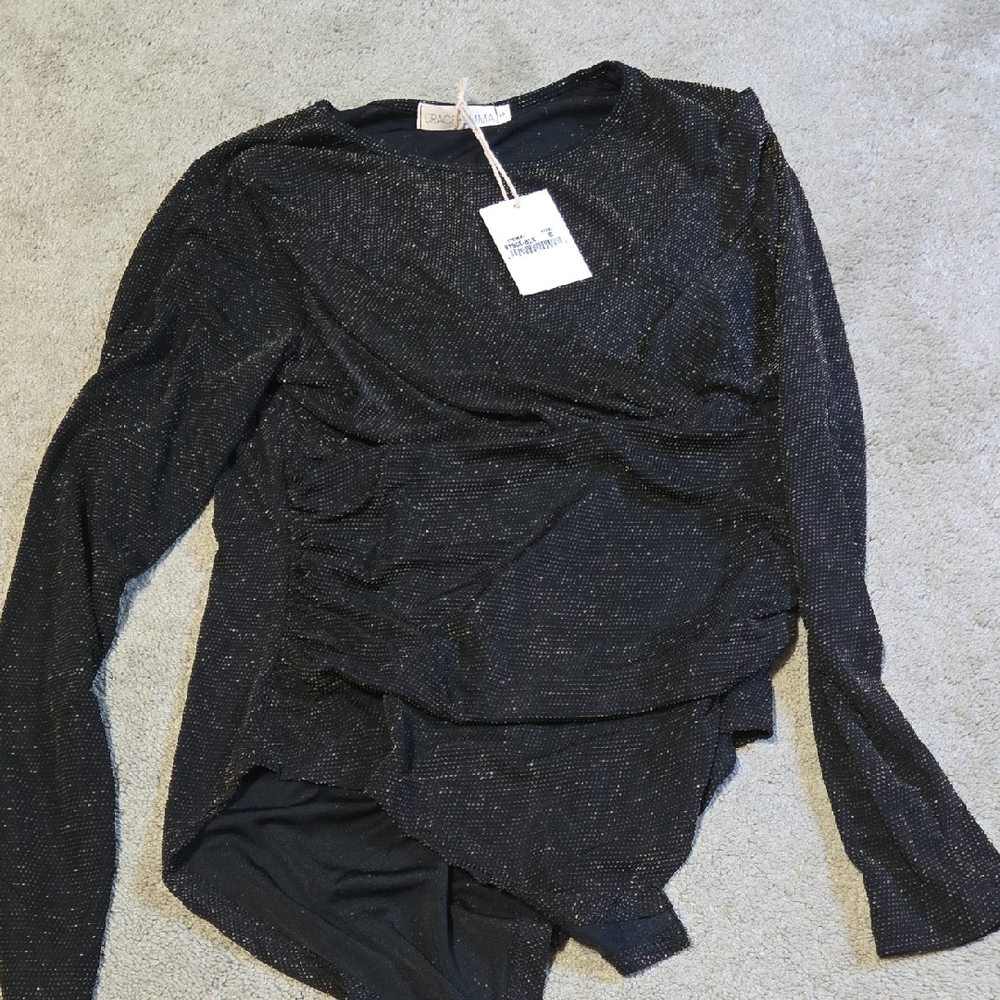 Black Asymmetrical Ruched Long Sleeve Bodysuit